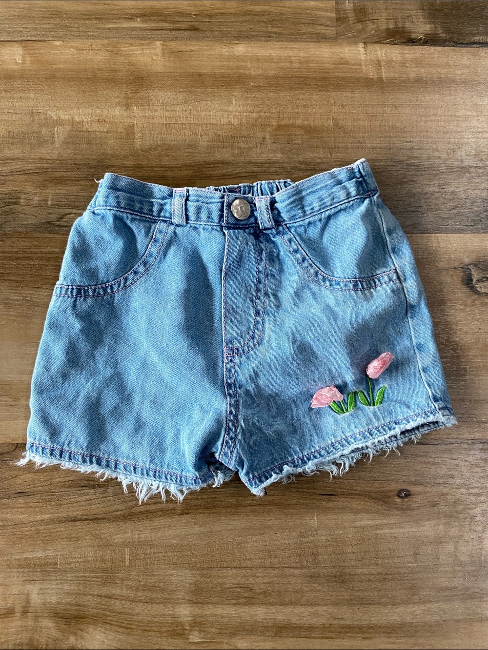 Light Blue Denim Kids Shorts with Pink Tulip Embroidery